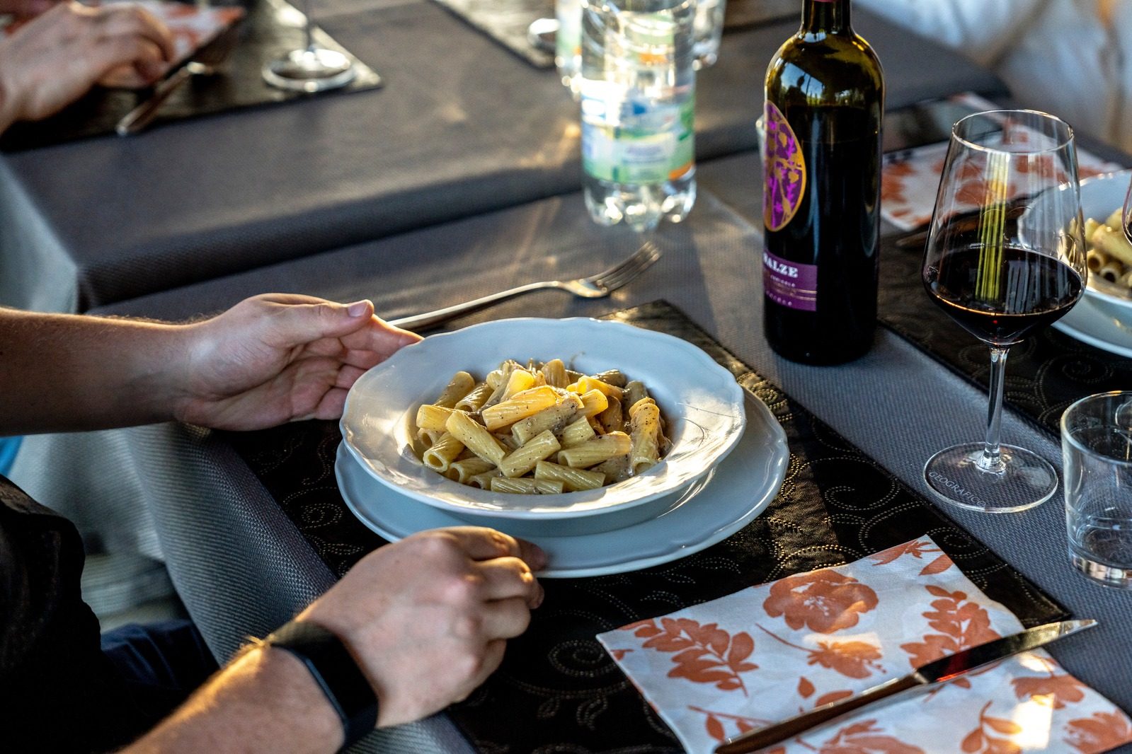 Pasta and wine at dinner